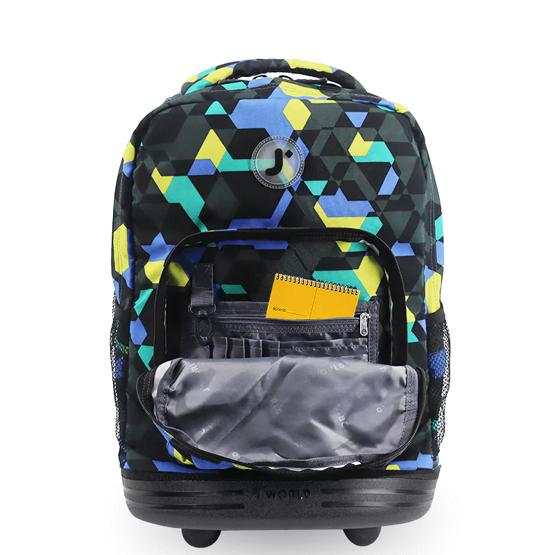 J World Sunrise Rolling Backpack (18 Inch) in Cubes — detail view # color_Cubes