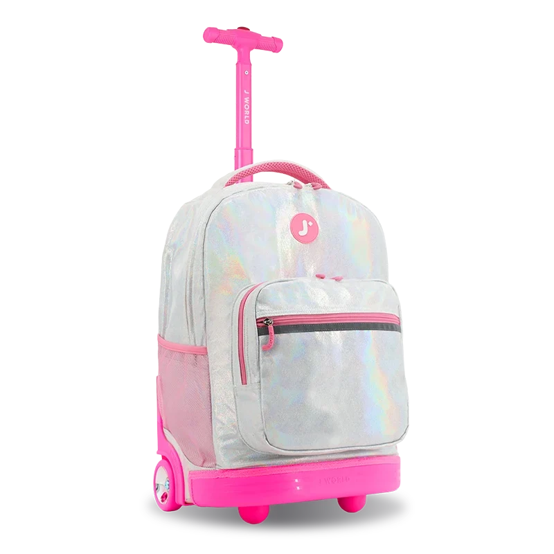 J World Sunrise Rolling Backpack (18 Inch) in Metallic Silver — angle view 2 # color_Metallic Silver