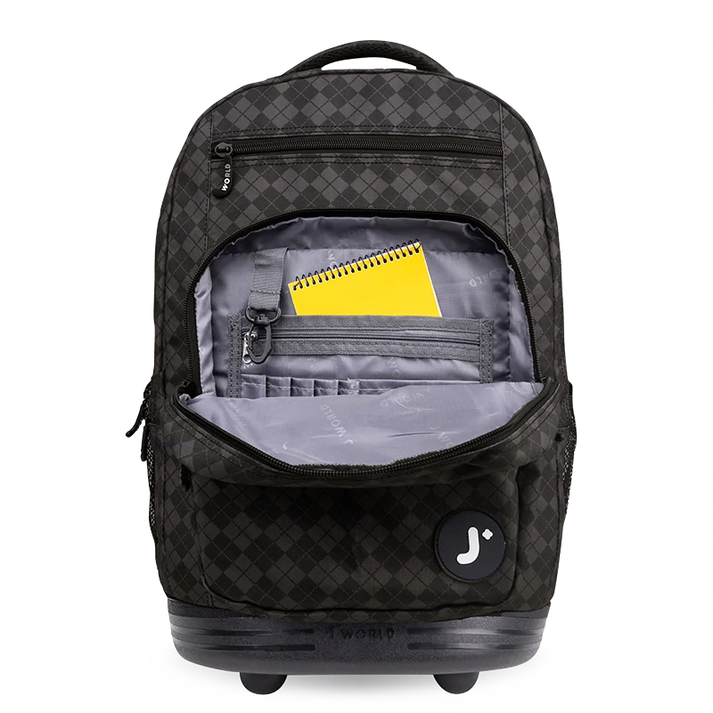 J World Sundance Laptop Rolling Backpack (20 Inch) in Argyle Black — detail view # color_Argyle Black