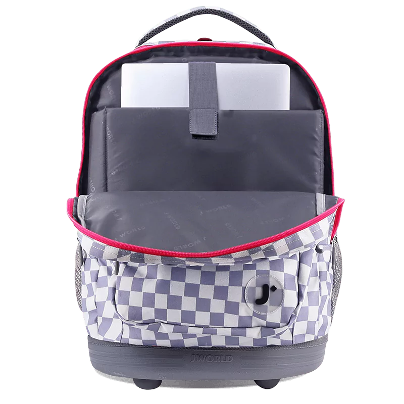 J World Sundance Laptop Rolling Backpack (20 Inch) in Lavender Checkers — interior view # color_Lavender Checkers
