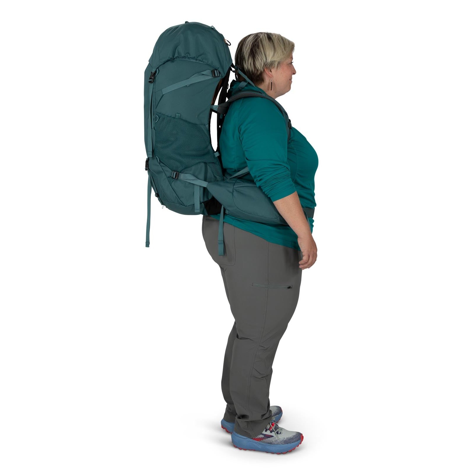 Osprey Renn 65 Extended Fit Backpacking Pack 65L in Cascade Blue/Melon Orange — lifestyle 2