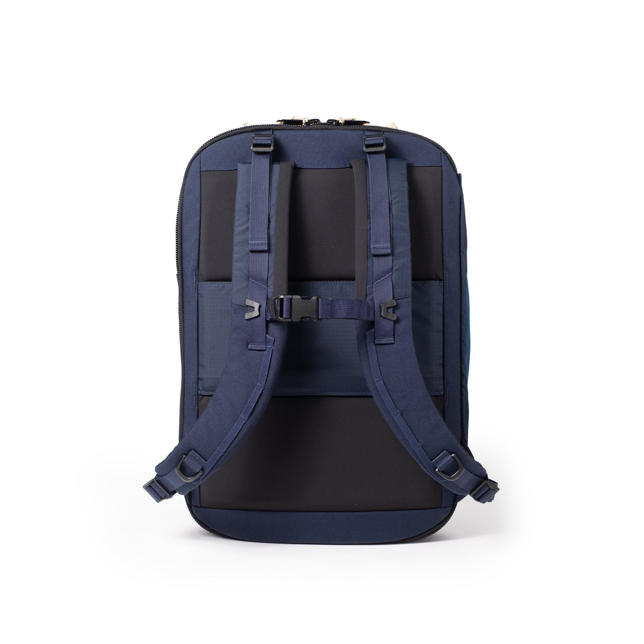 Topo Designs Global Travel Backpack in Navy Sahara — back view # color_Navy Sahara