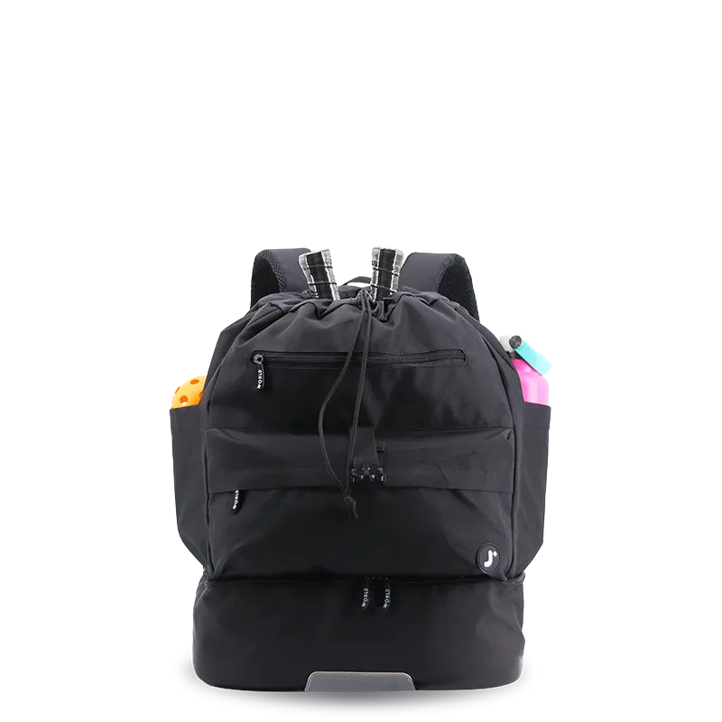 J World Ace Racket Sports Backpack for Tennis & Pickleball in Black — front view 4 # color_Black
