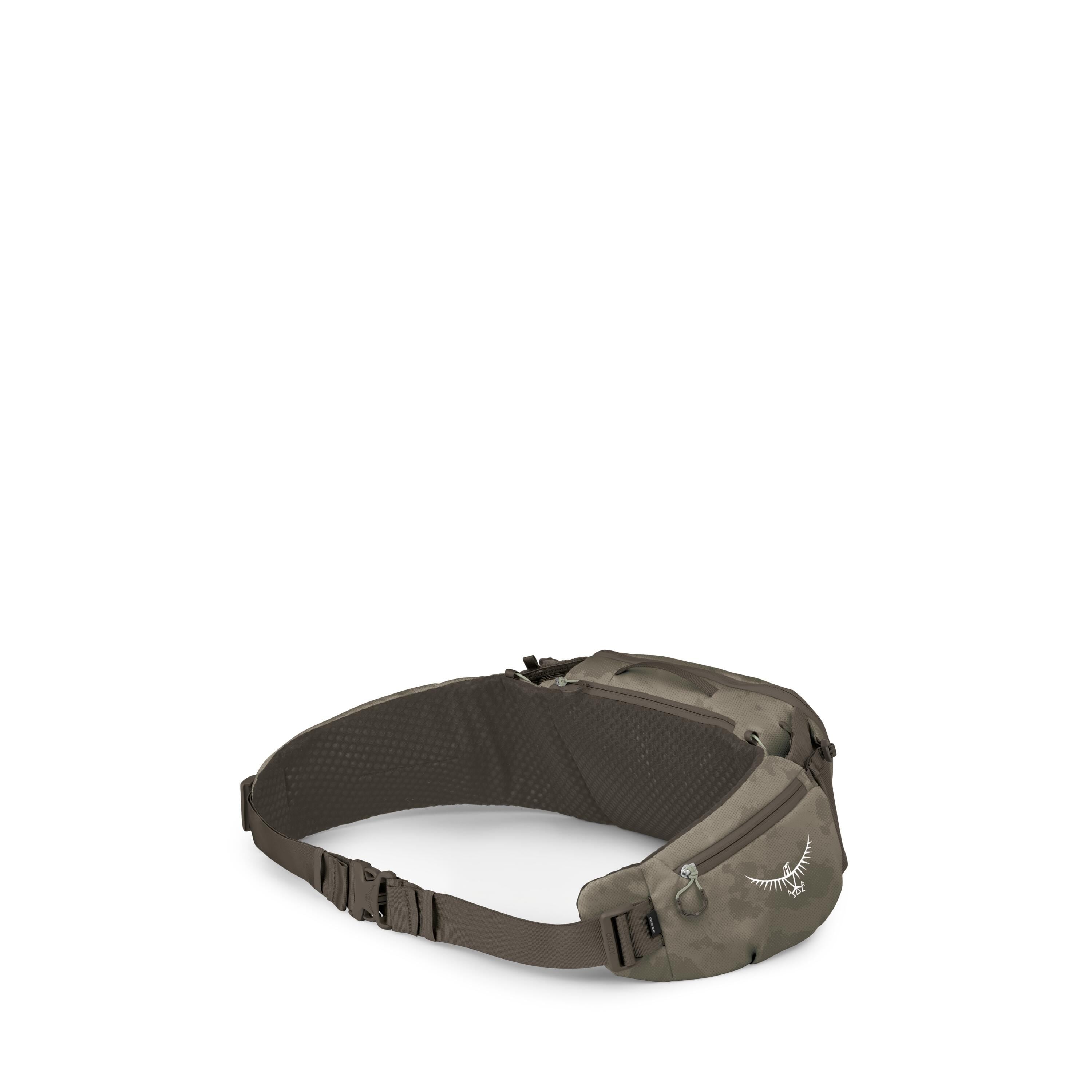 Osprey Savu 5 Extended Fit Bike Hydration Lumbar Pack 5L in Pediment Grey Dust Print — angle view 3