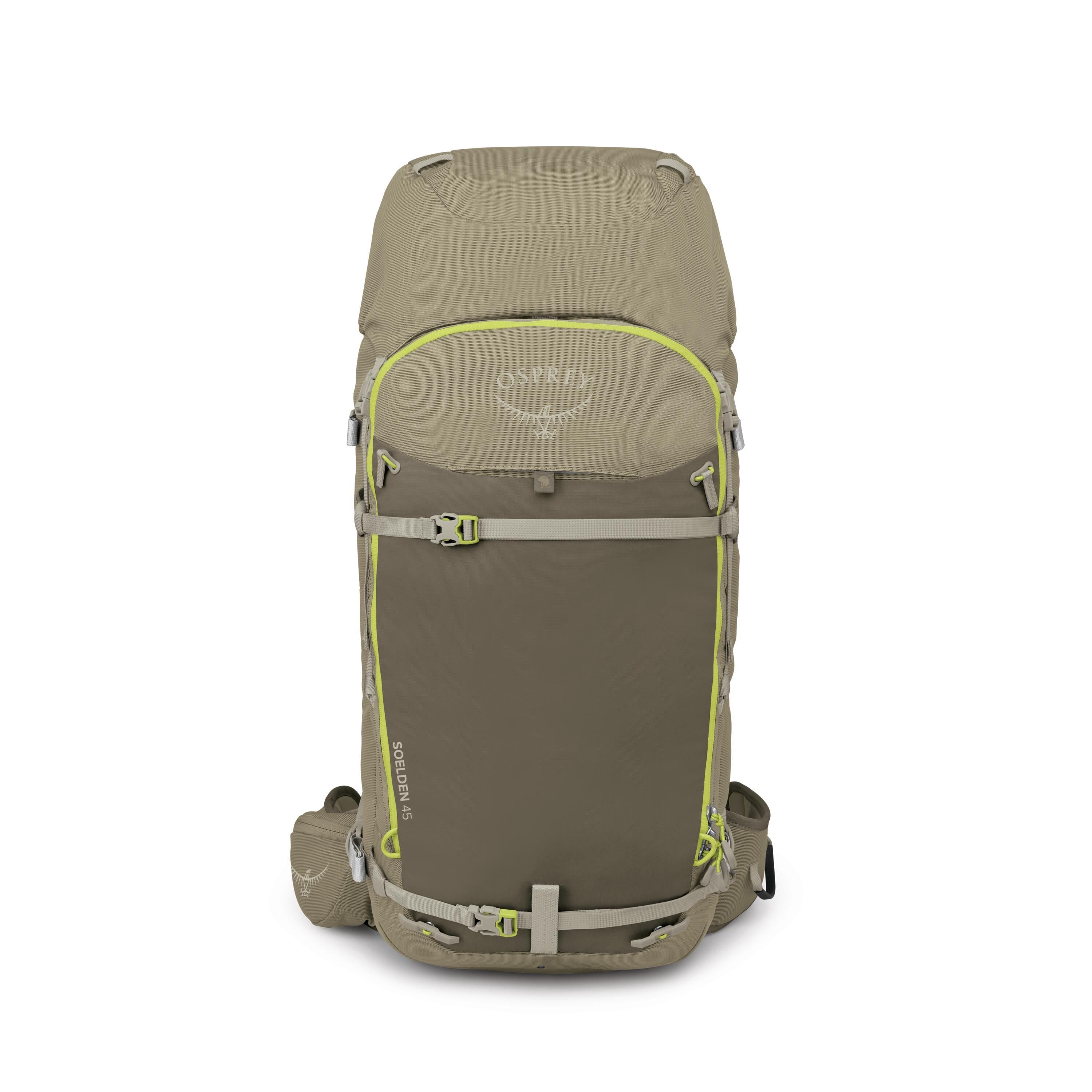 Osprey Soelden 45 Ski & Snowboard Backpack 45L in Olive Tan-Earl Grey — front view