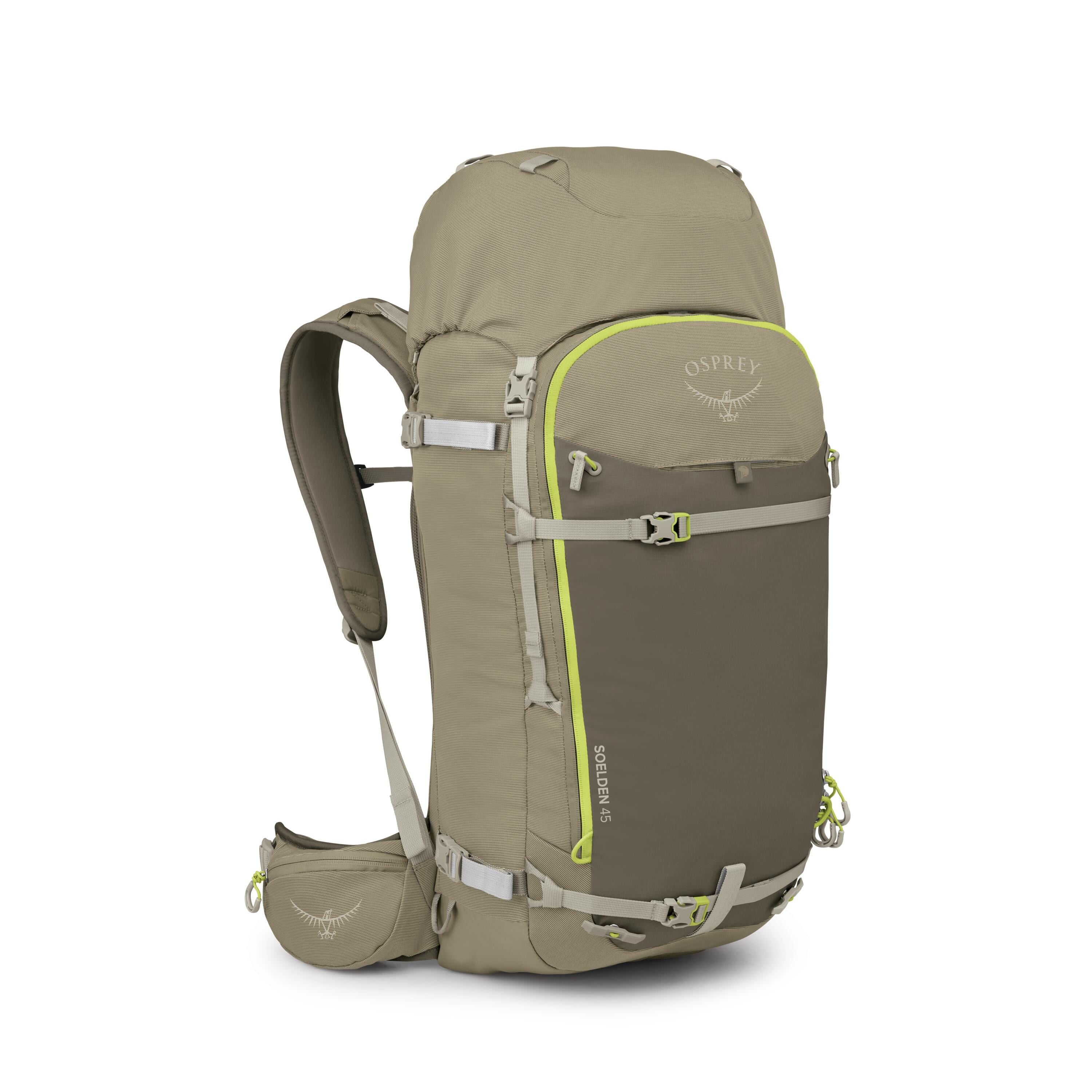Osprey Soelden 45 Ski & Snowboard Backpack 45L in Olive Tan-Earl Grey — angle view 2