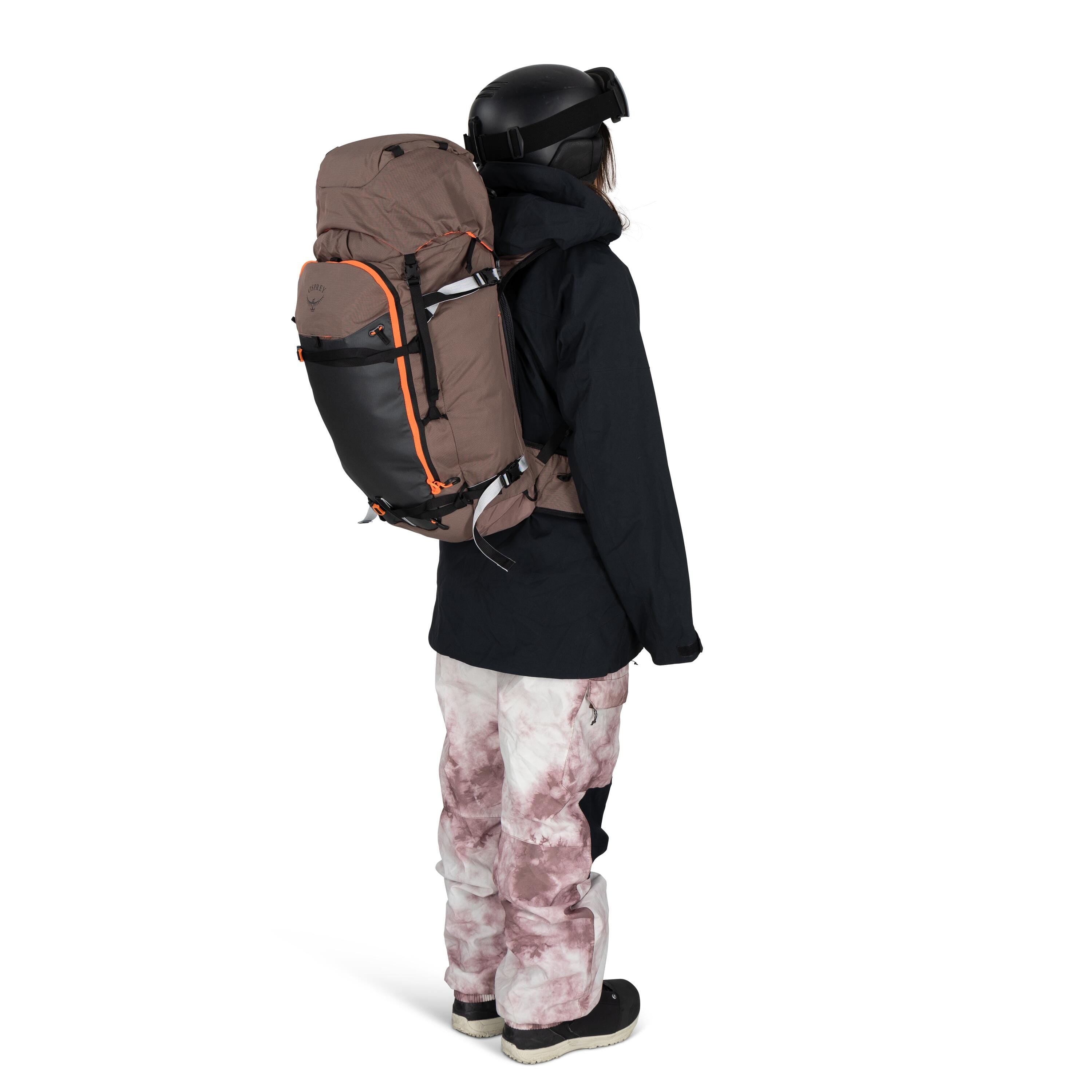 Osprey Sopris 45 Women's Ski & Snowboard Backpack 45L in Magma Brown-Raven Black — lifestyle 2