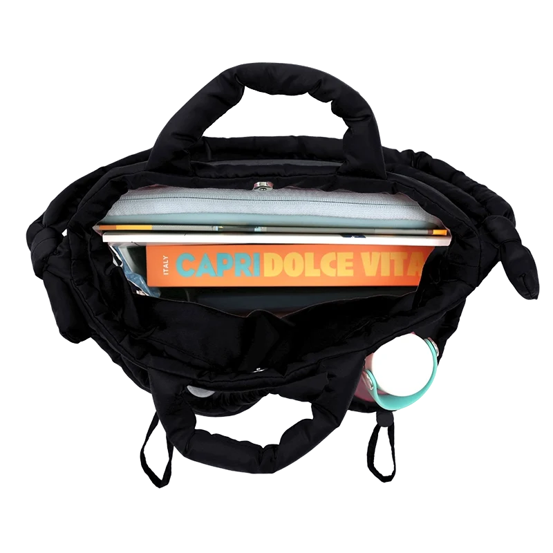 J World Puffy Tote in Black — interior view # color_Black