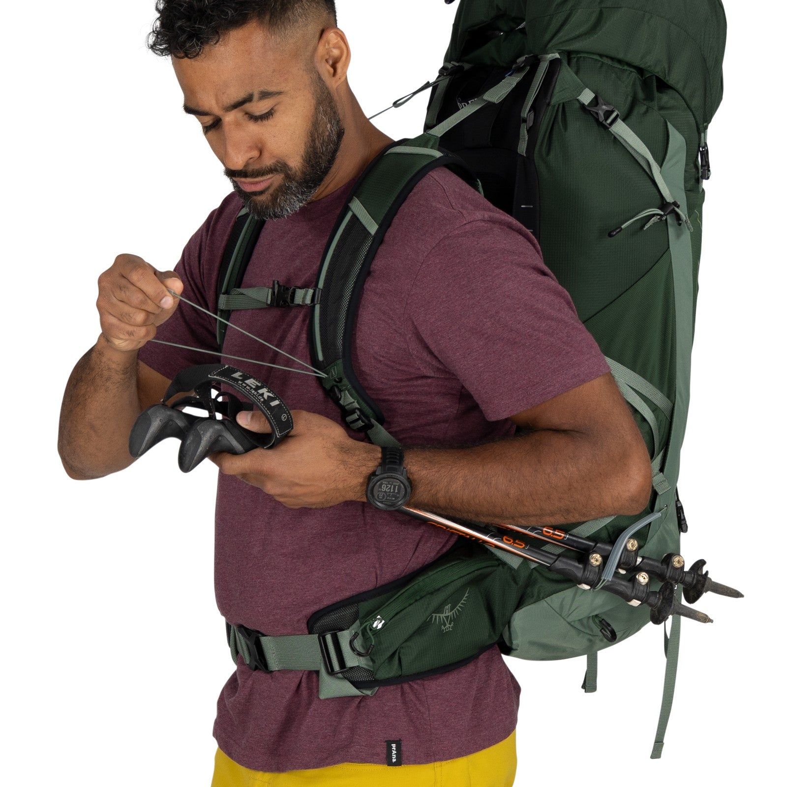 Osprey Talon 44 Hiking Backpack 44L in Green Canopy/Pine Leaf — detail view