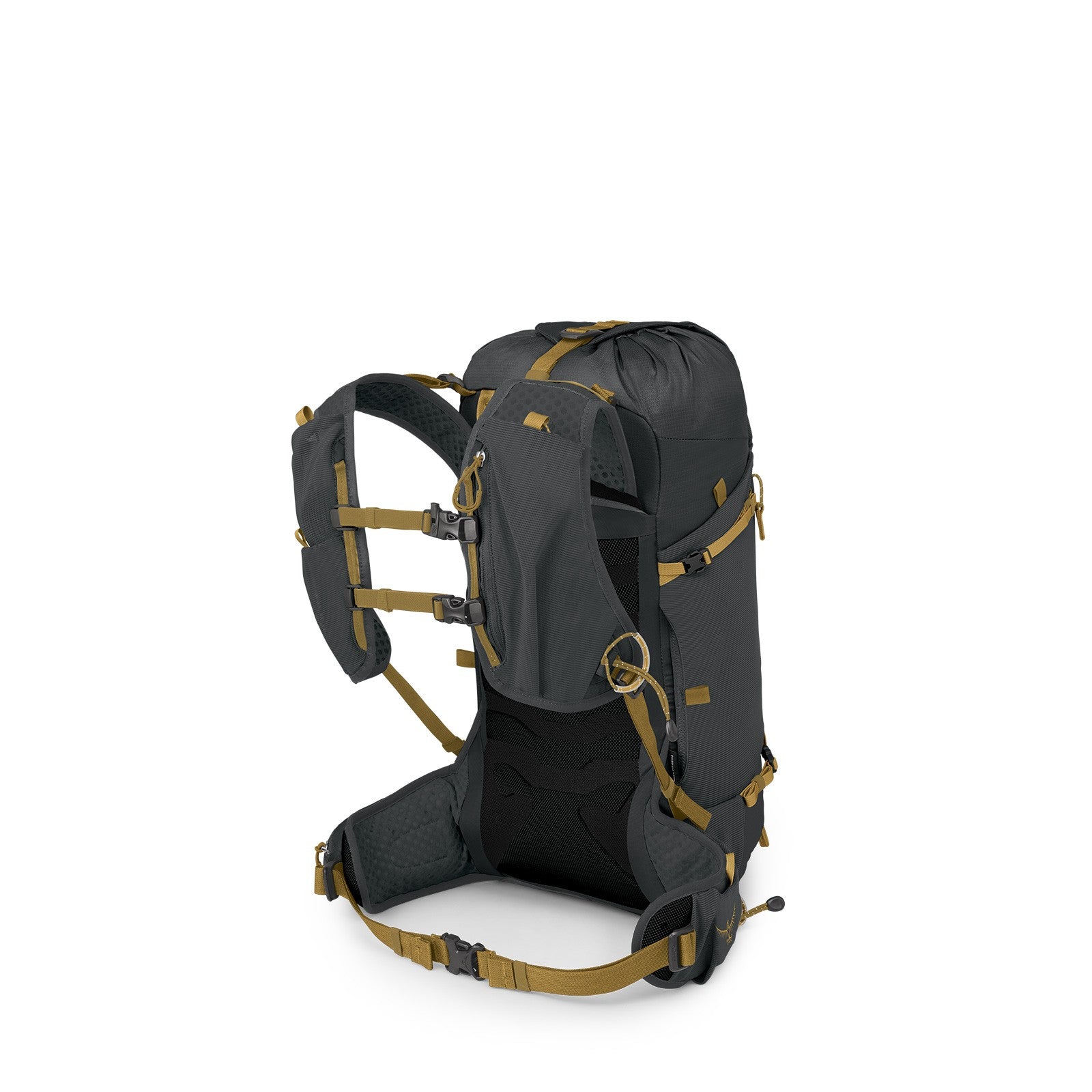 Osprey Talon Velocity 20 Hiking Backpack 20L in Dark Charcoal Tumbleweed Yellow — angle view 3