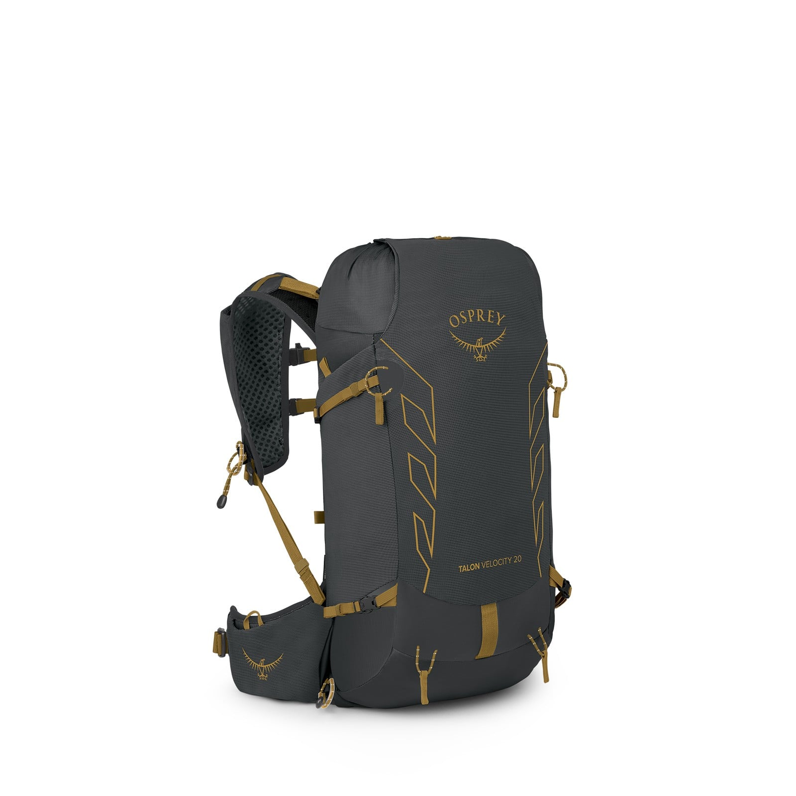 Osprey Talon Velocity 20 Hiking Backpack 20L in Dark Charcoal Tumbleweed Yellow — angle view 2