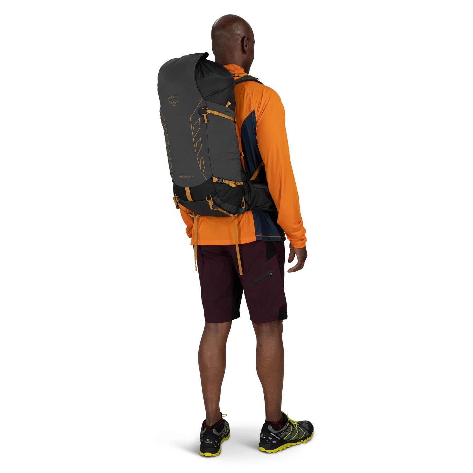 Osprey Talon Velocity 30 Hiking Backpack 30L in Dark Charcoal Tumbleweed Yellow — lifestyle 2