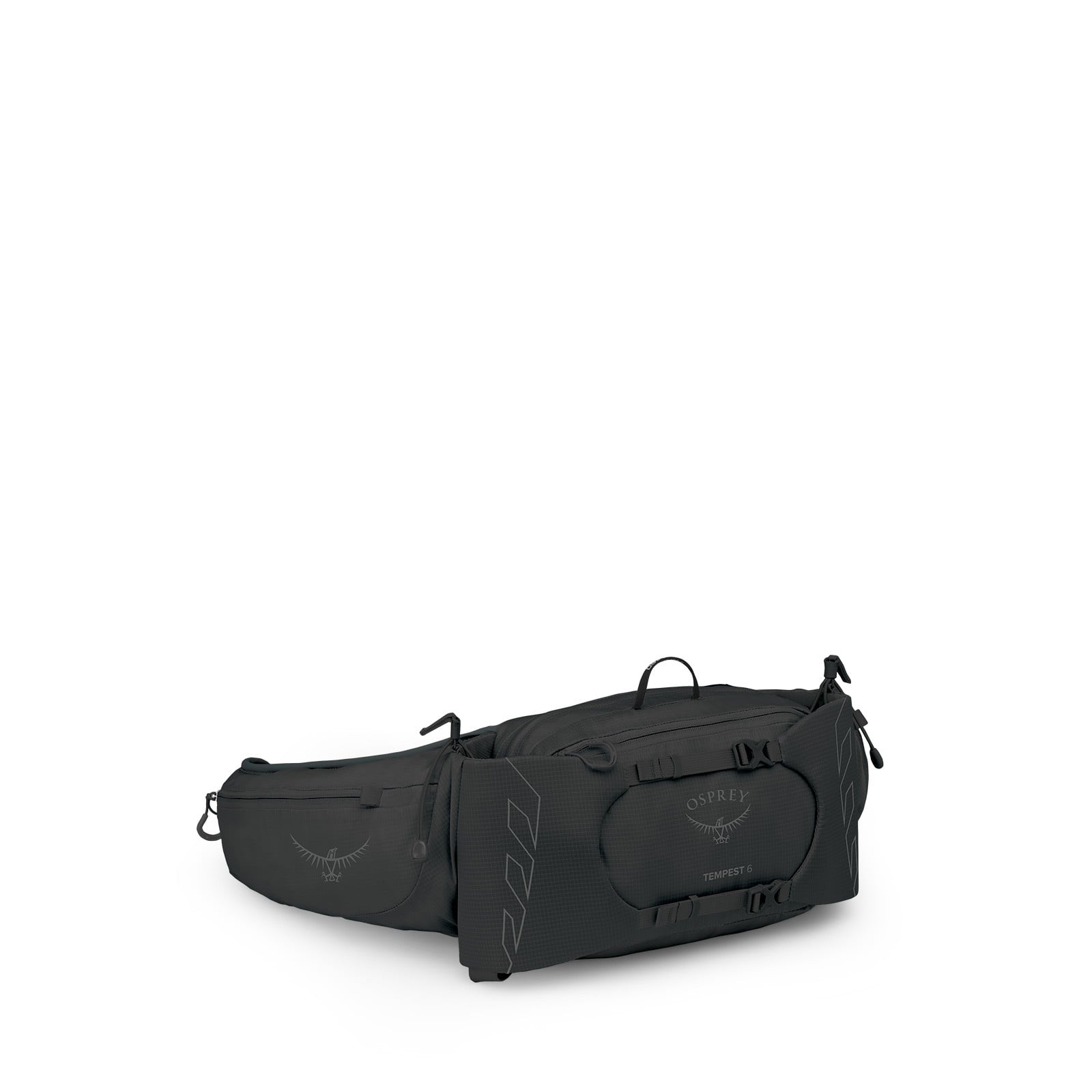Osprey Tempest 6 Extended Fit Waist Pack in Black Coal Grey — angle view 2