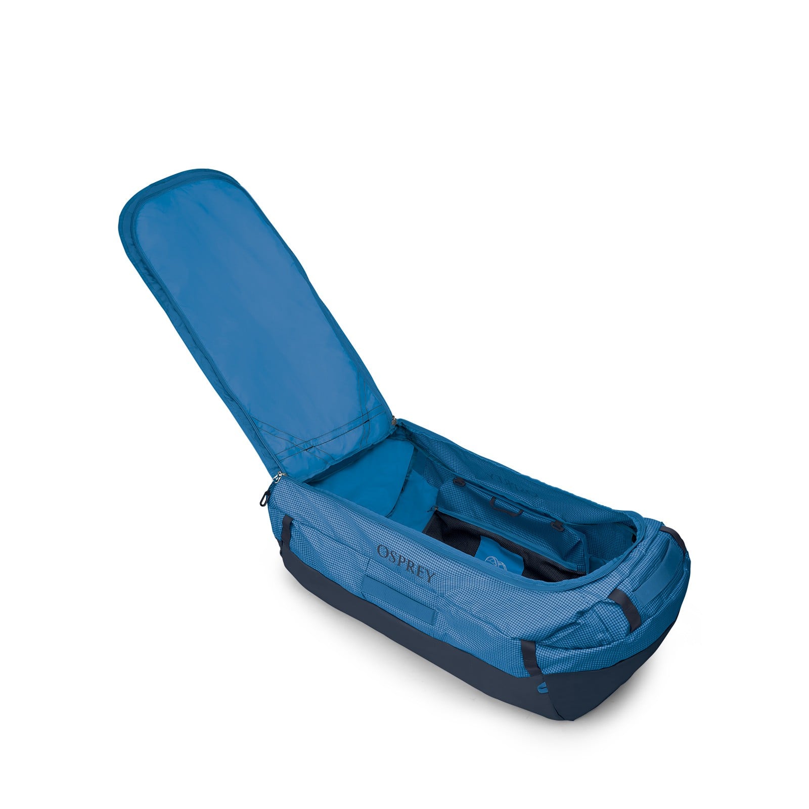 Osprey Transporter Duffel 150L in Blue Flame / Nocturnal Blue — angle view 3
