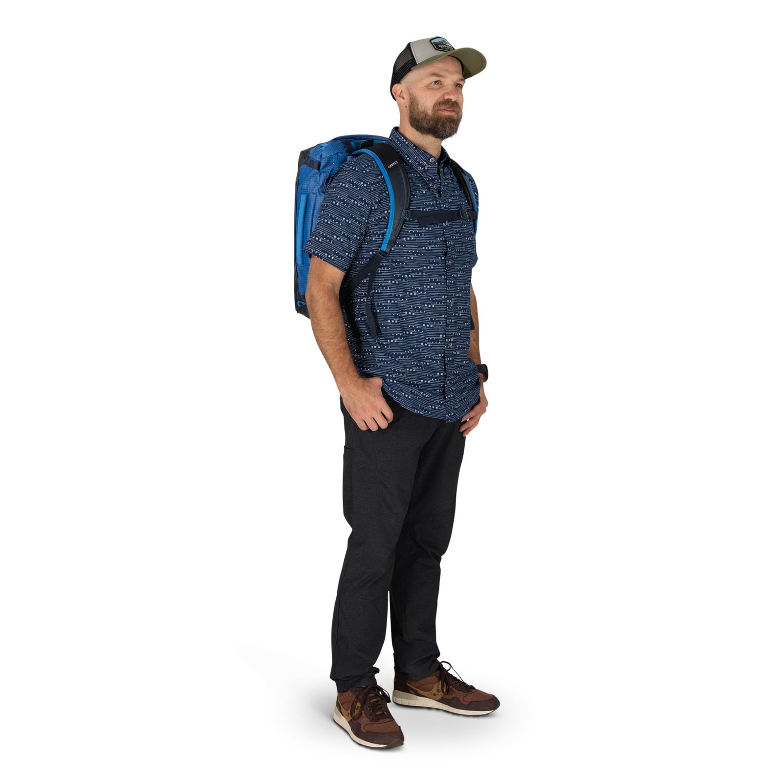 Osprey Transporter Duffel 30L in Blue Flame / Nocturnal Blue — lifestyle 2