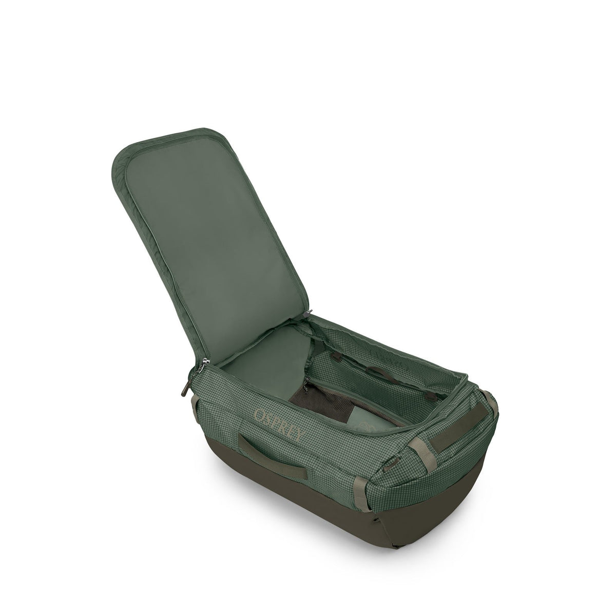 Osprey Transporter 65L Expedition Duffel in Pine Leaf/Earl Grey — angle view 3