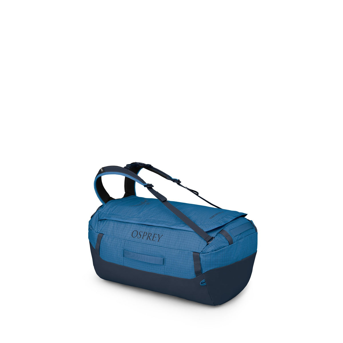 Osprey Transporter 65L Expedition Duffel in Blue Flame / Nocturnal Blue — front view # color_Blue Flame / Nocturnal Blue