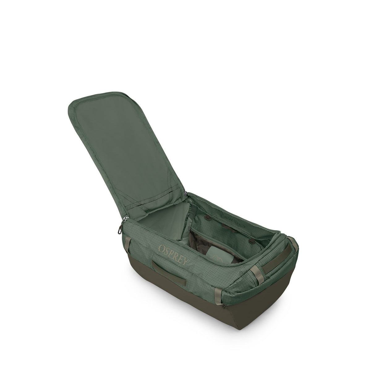 Osprey Transporter 95L Expedition Duffel in Pine Leaf/Earl Grey — angle view 3