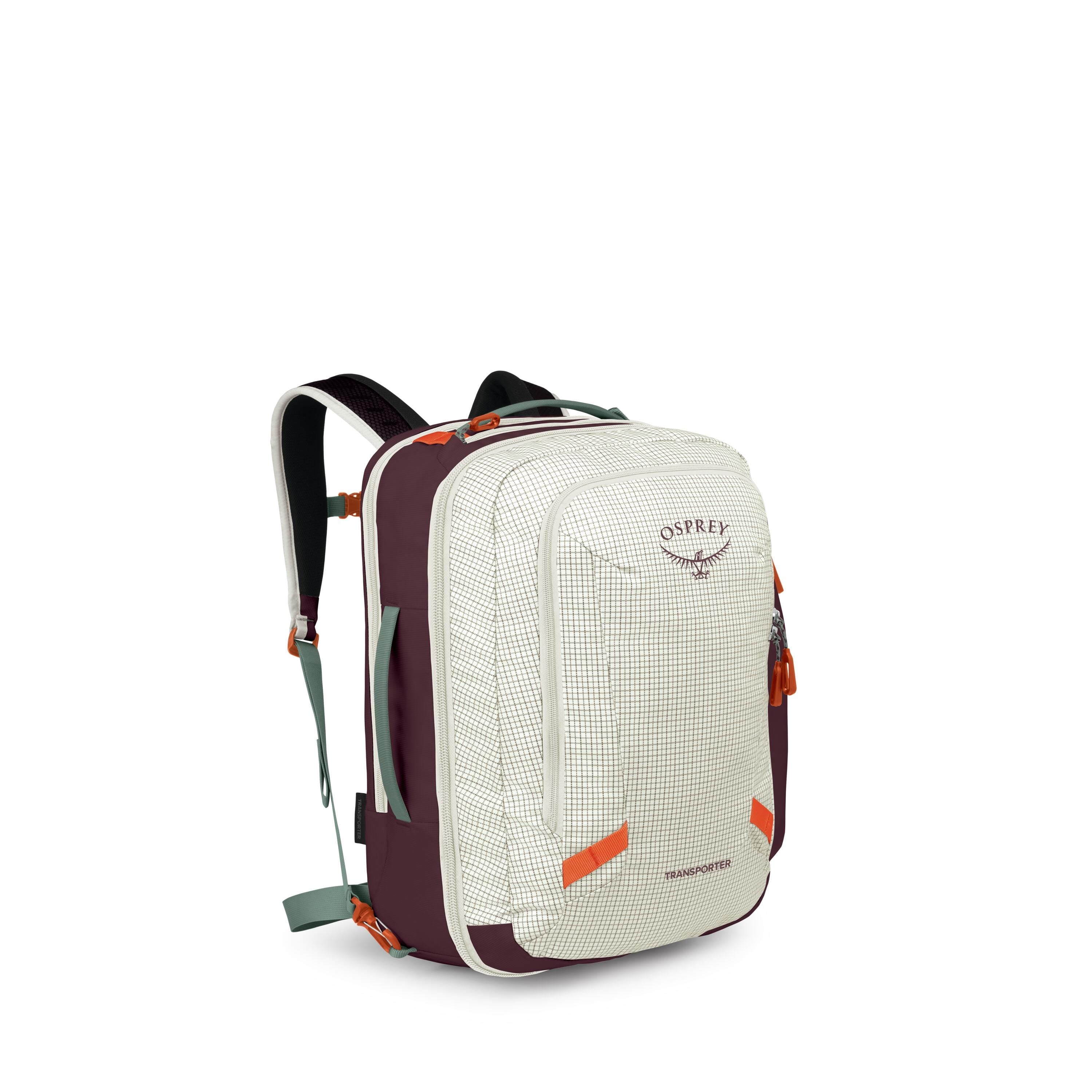 Osprey Transporter Travel Pack 36L in Mystery White-Moody Burgundy — angle view 2