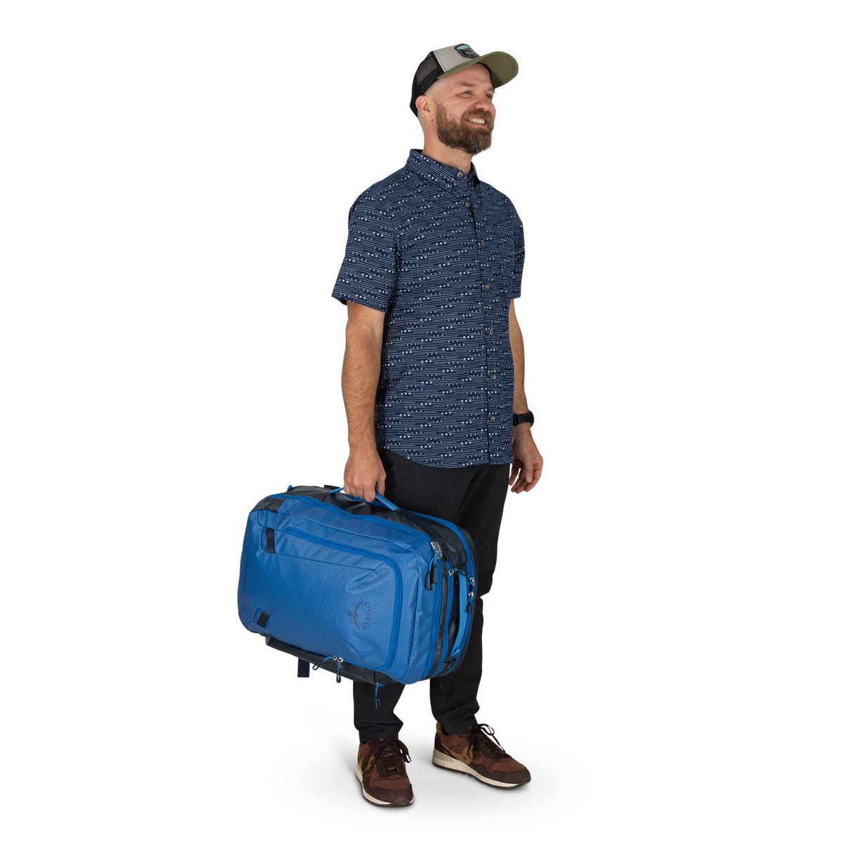 Osprey Transporter Travel Pack 44L in Blue Flame / Nocturnal Blue — lifestyle