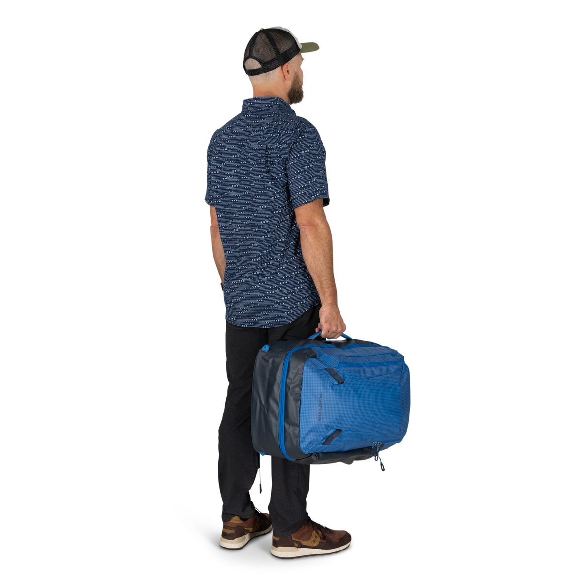 Osprey Transporter Travel Pack 44L in Blue Flame / Nocturnal Blue — lifestyle 2