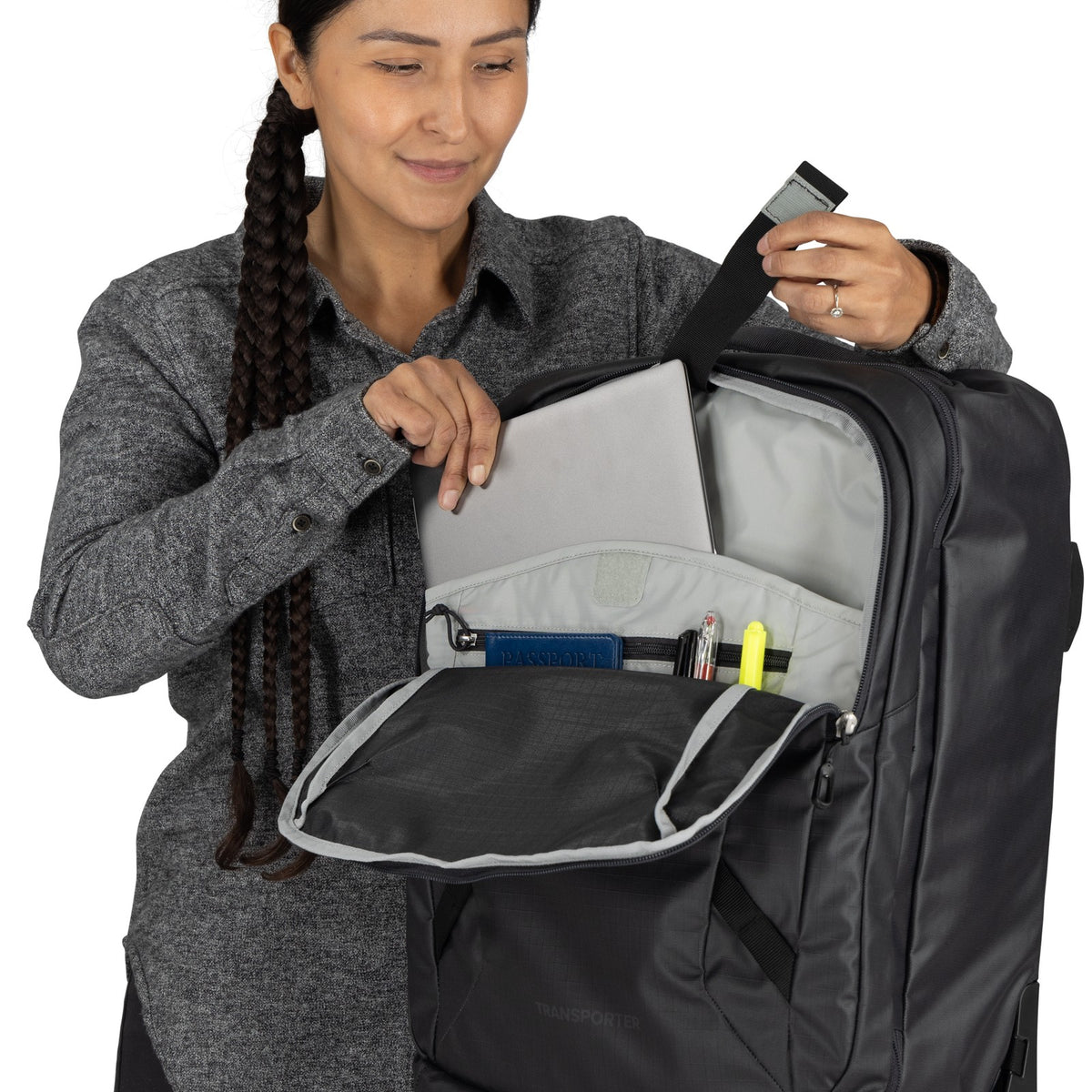 Osprey Transporter Wheeled Duffel 38L-Carry On in Raven Black Black — detail view
