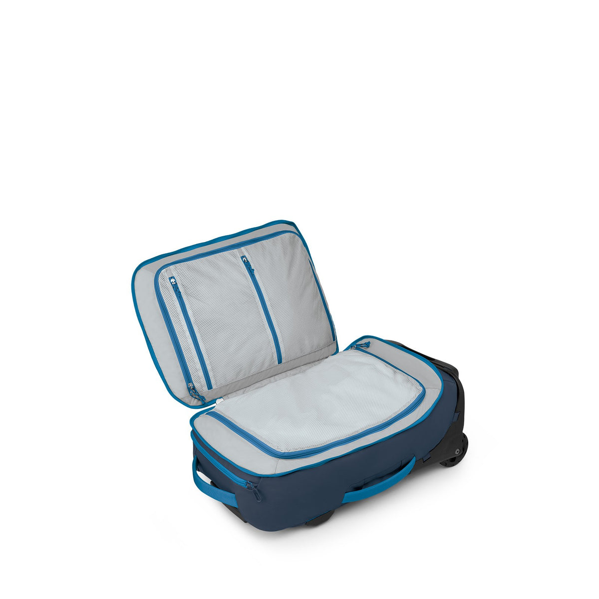 Osprey Transporter Wheeled Duffel 38L-Carry On in Blue Flame / Nocturnal Blue — angle view 3