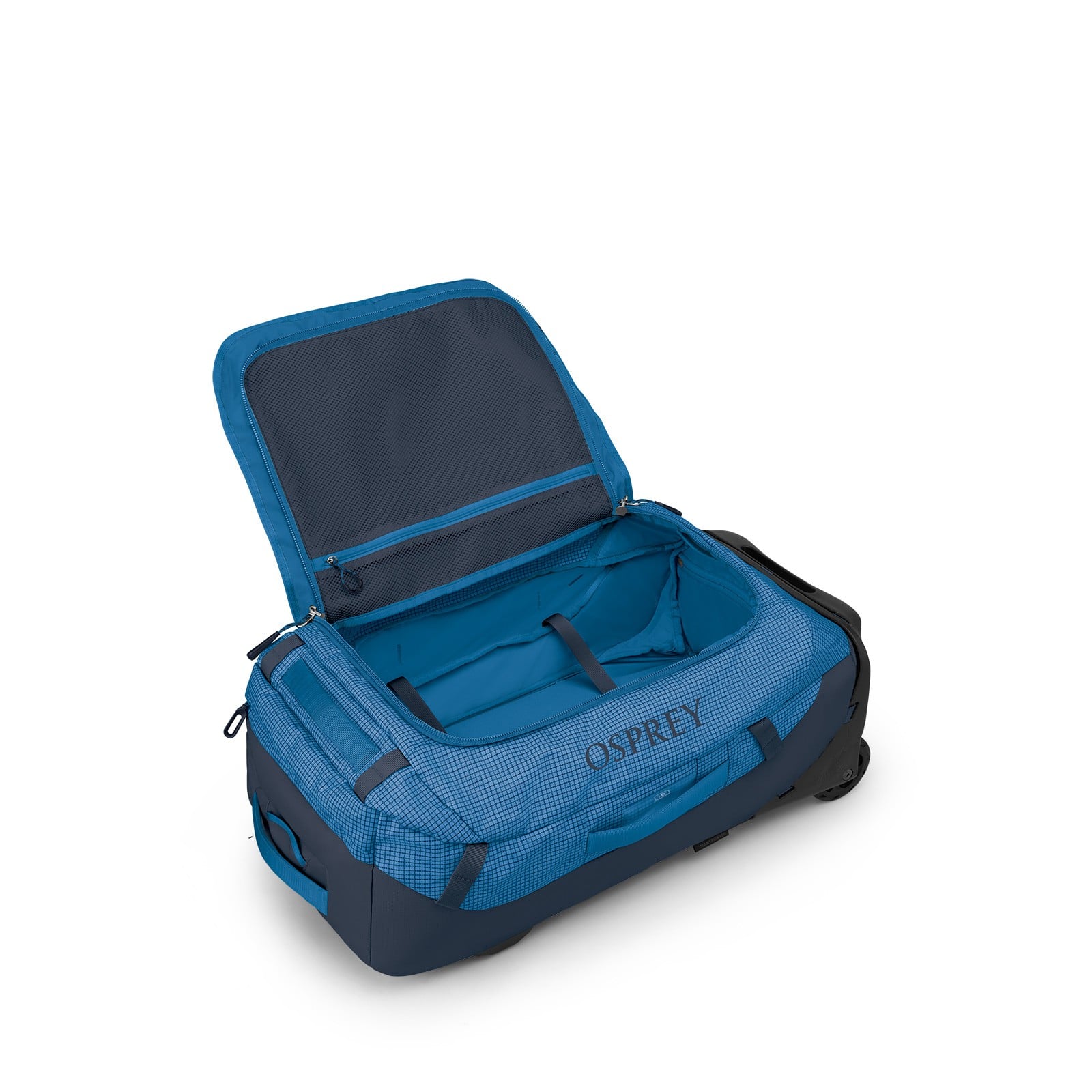 Osprey Transporter Wheeled Duffel 60L in Blue Flame/Nocturnal Blue — interior view