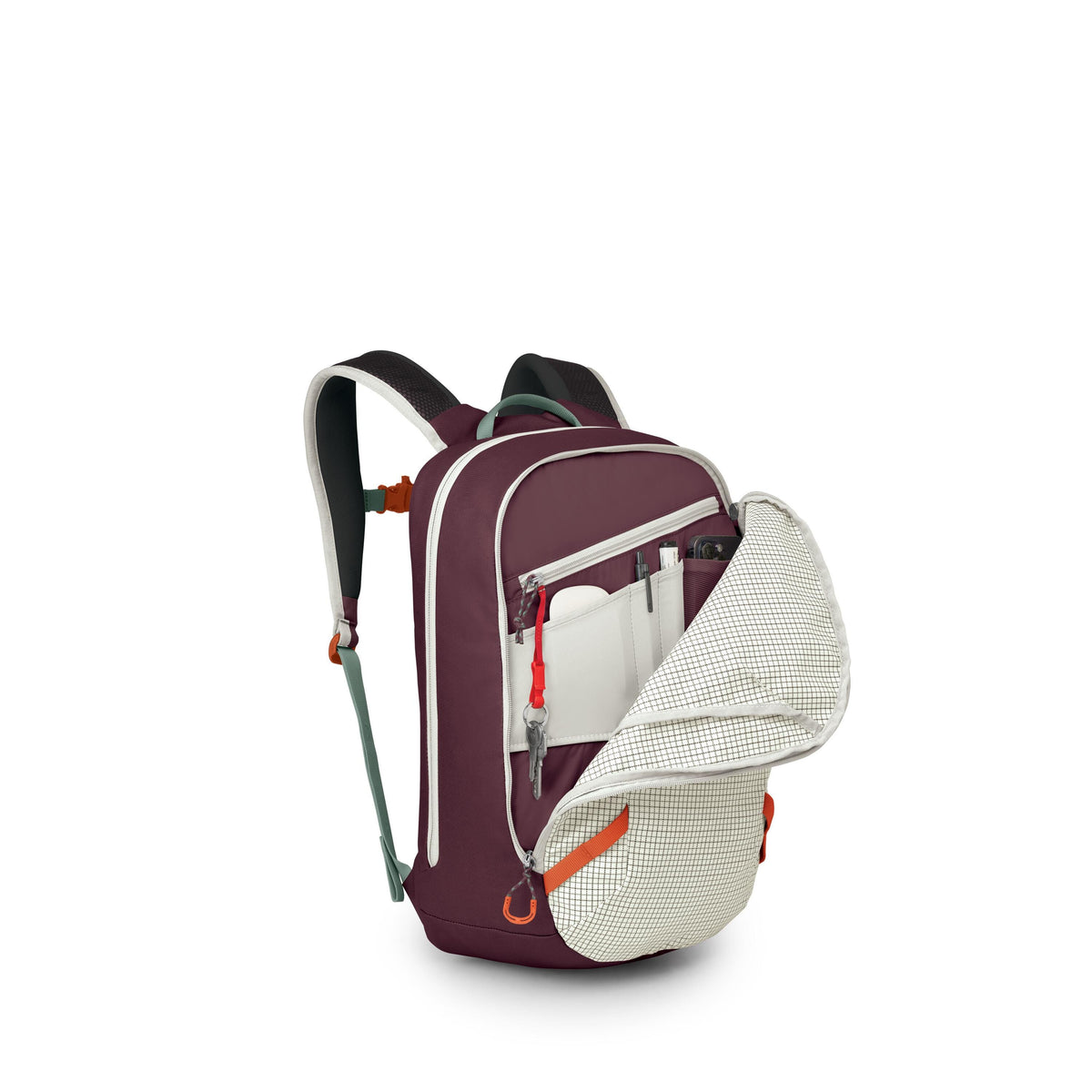 Osprey Transporter Panel Loader Backpack 20L in Mystery White-Moody Burgundy — angle view 3