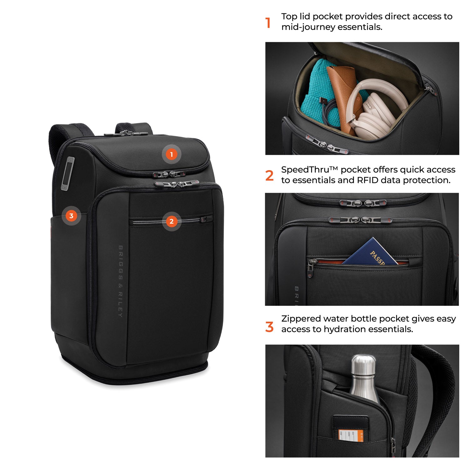Briggs & Riley ZDX U-Zip Travel Backpack in Black — detail view 5 # color_Black