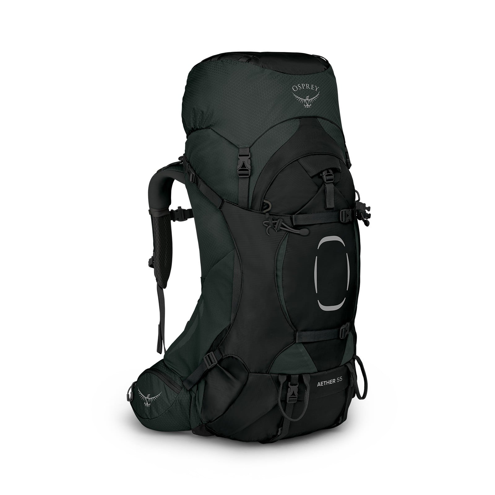 Osprey Aether 55 Hiking Backpack 55L in Black — front view