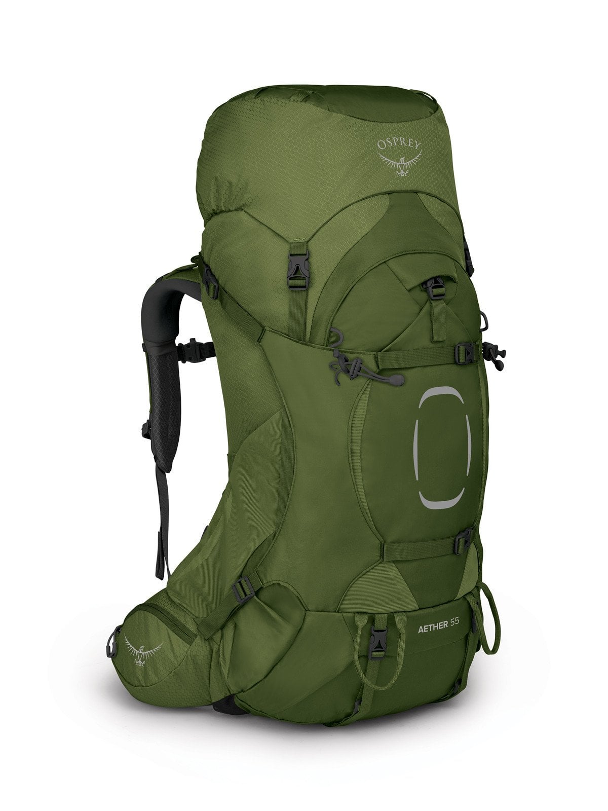 Osprey Aether 55 Hiking Backpack 55L in Garlic Mustard Green — front view