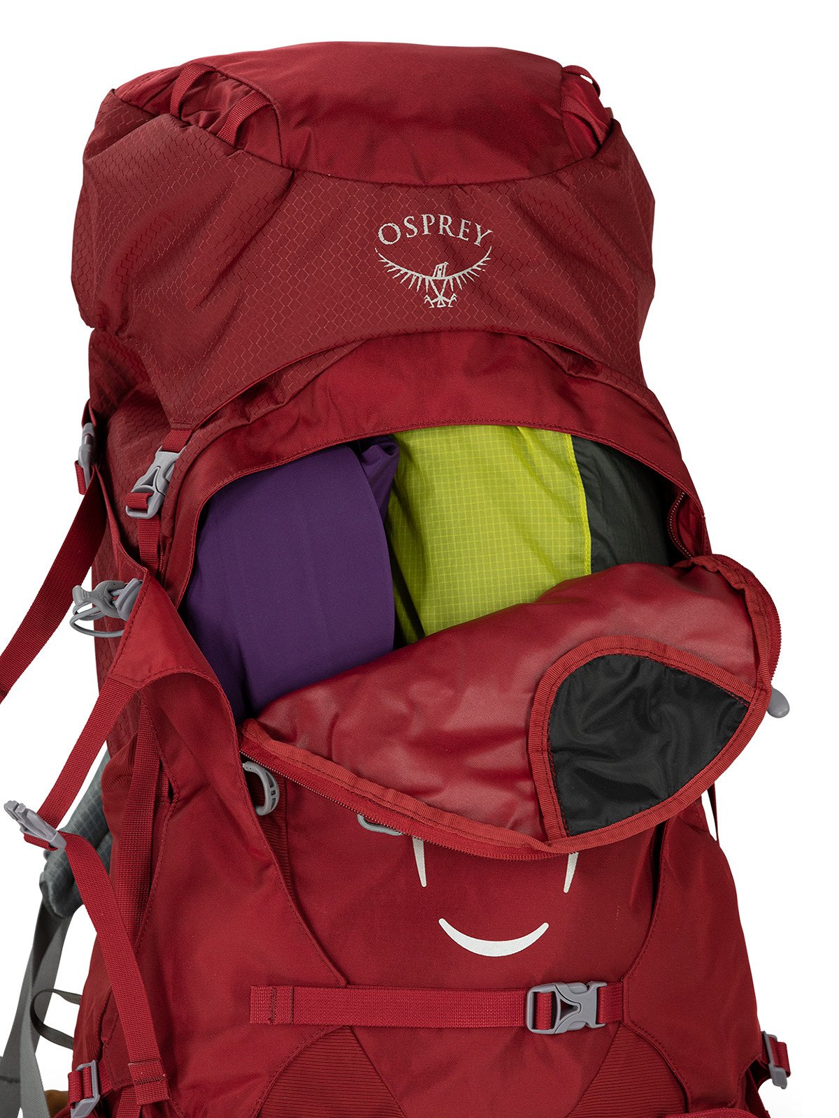 Osprey Ariel 65 Women's Hiking Backpack 65L in Claret Red — detail view