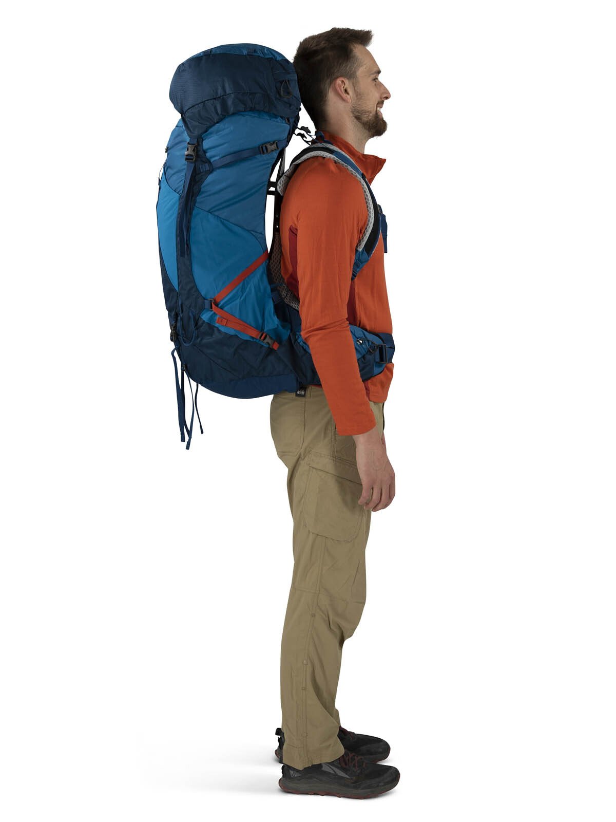 Osprey Atmos AG LT 65 Backpacking Pack 65L in Night Shift/Scoria Blue — lifestyle 2