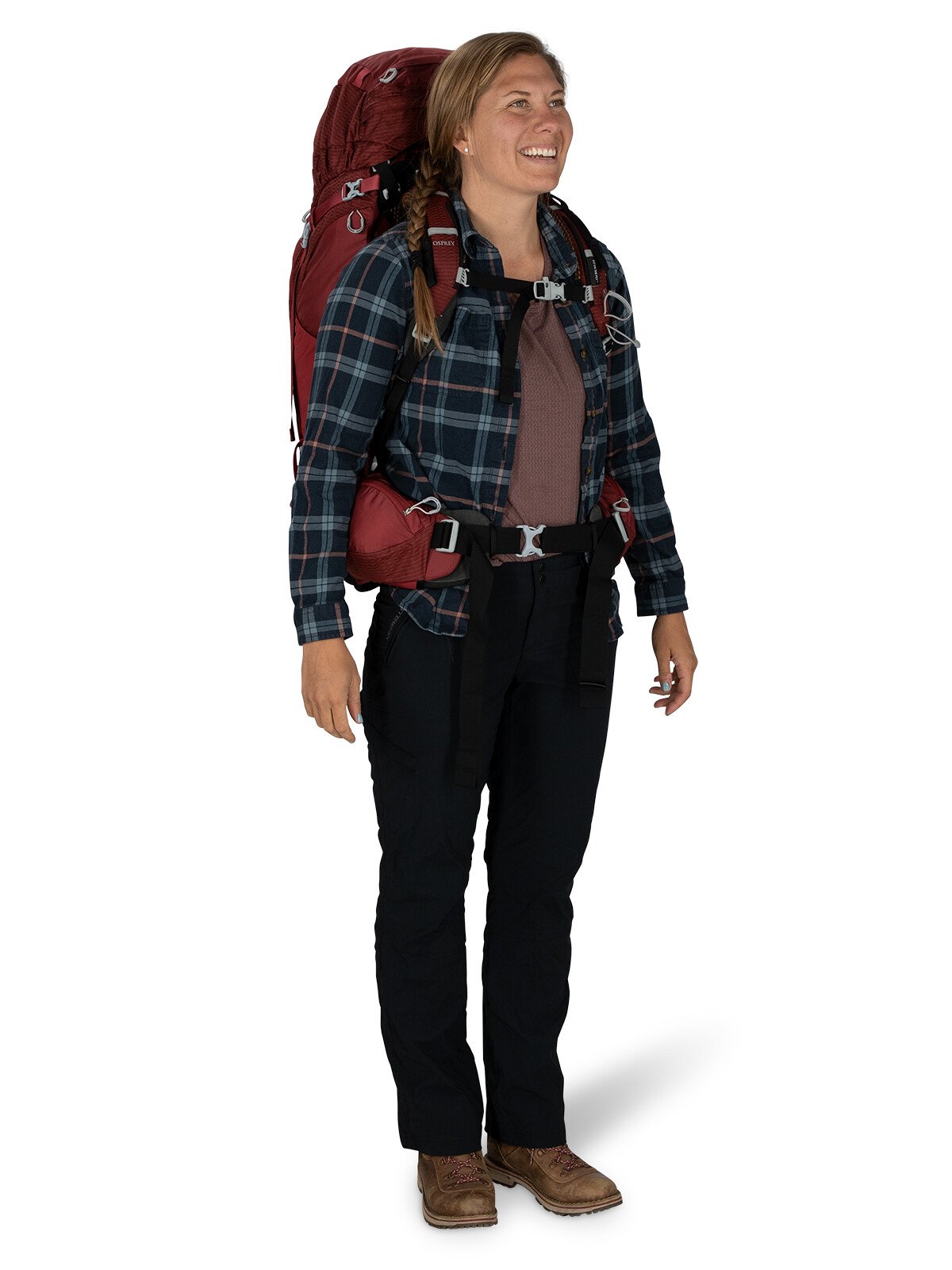 Osprey Aura AG 65 Backpacking Pack 65L in Berry Sorbet Red — lifestyle