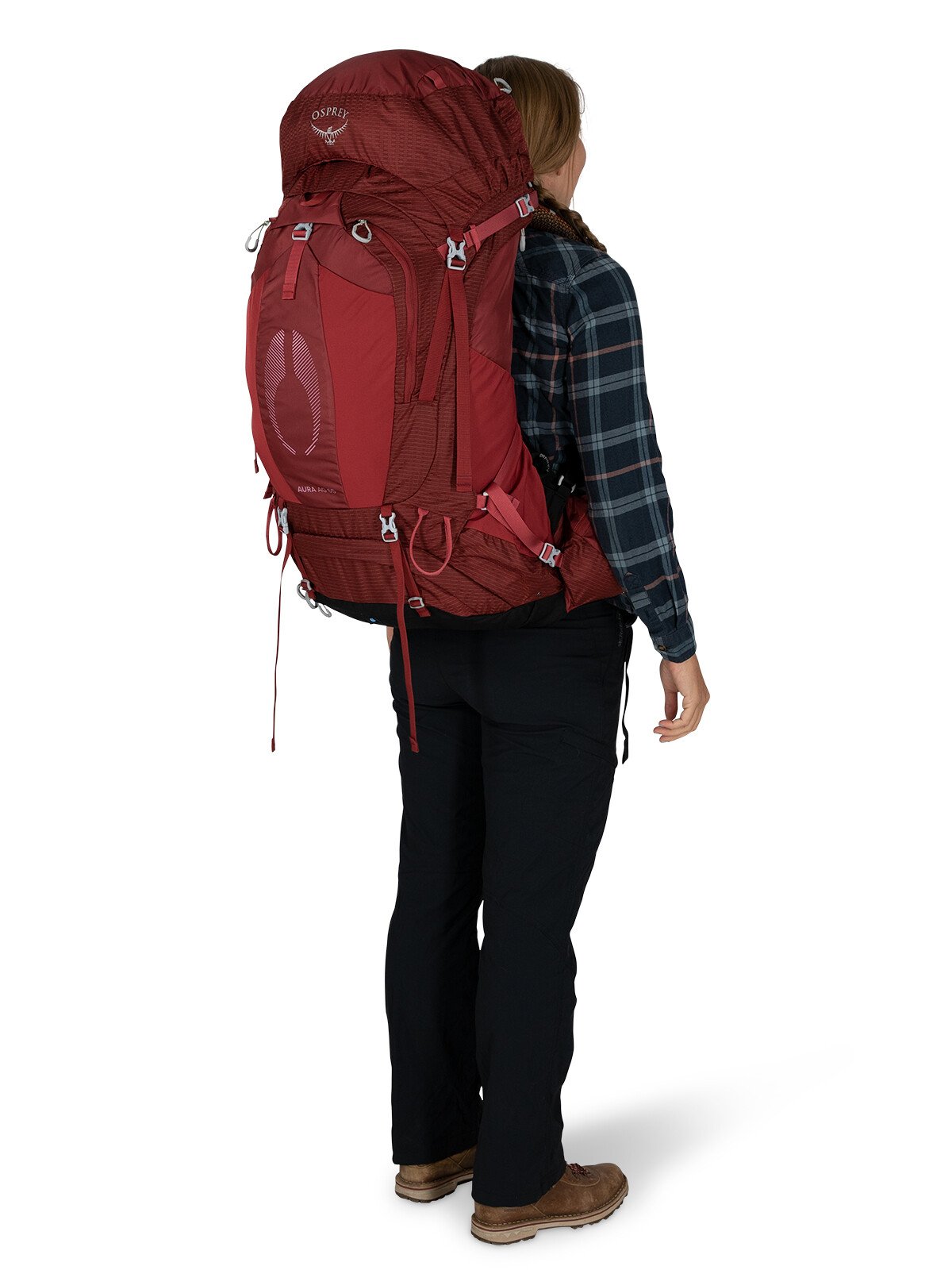 Osprey Aura AG 65 Backpacking Pack 65L in Berry Sorbet Red — lifestyle 2