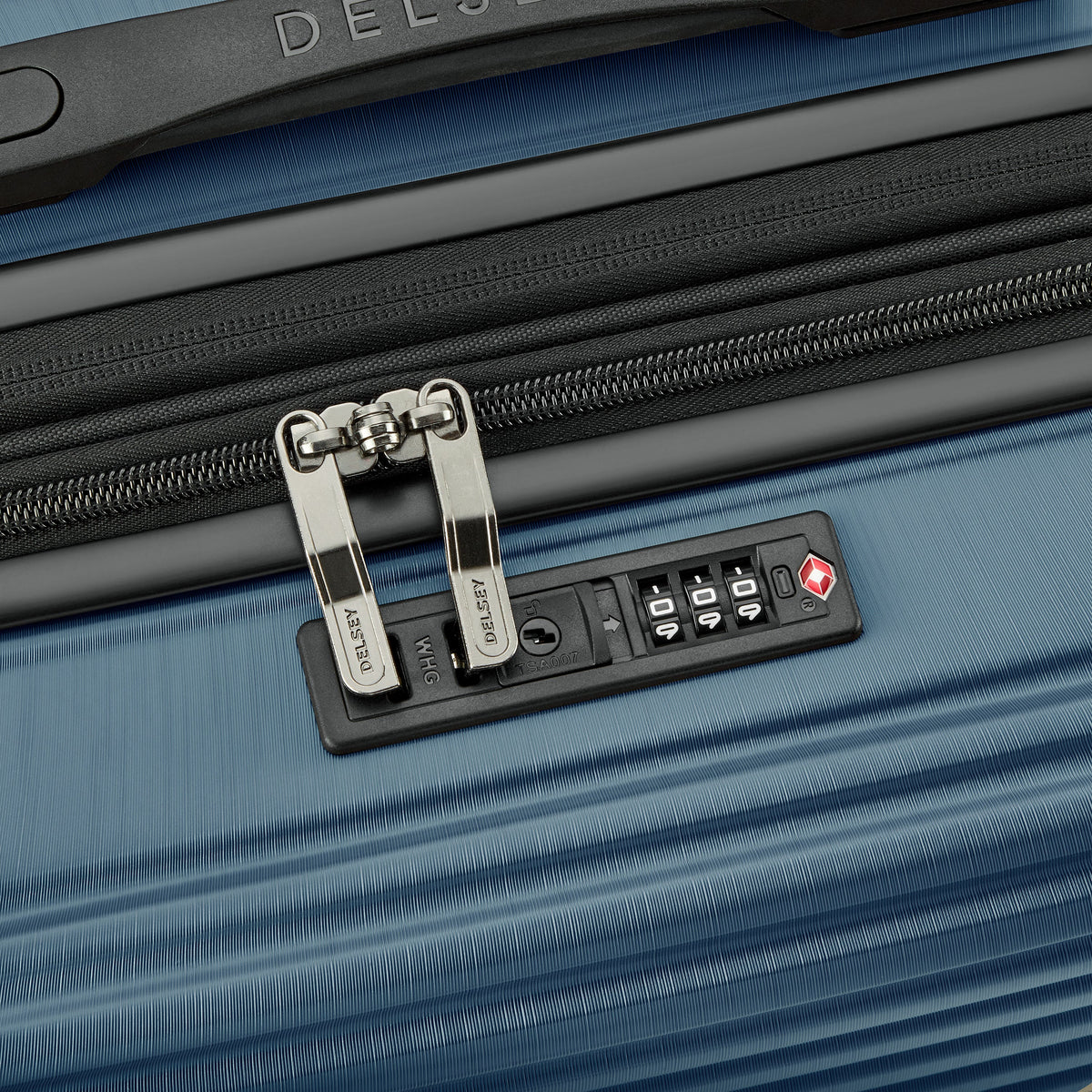 Delsey Cosmique Carry-On Plus Expandable Spinner in Deep Sea Navy — detail view