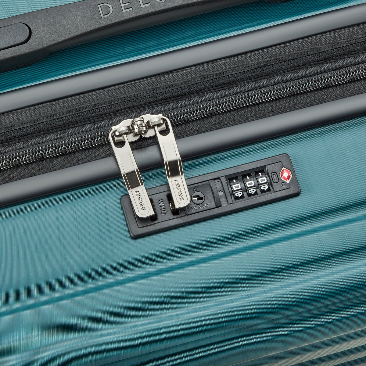 Delsey Cosmique Medium Expandable Spinner in Dark Teal — detail view
