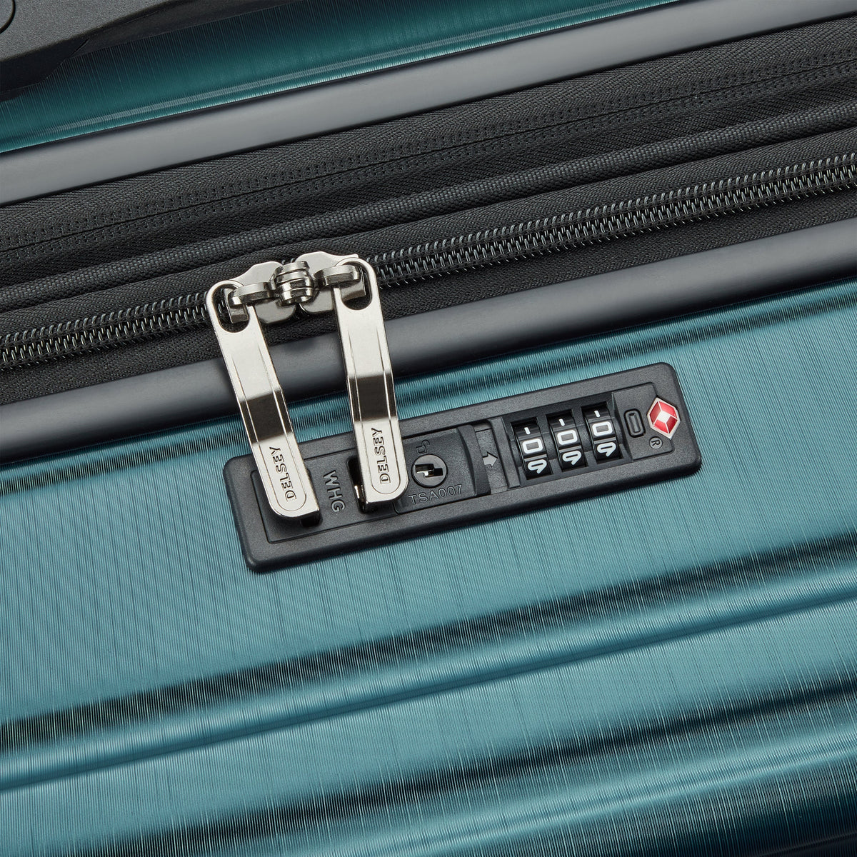 Delsey Cosmique Large Expandable Spinner in Dark Teal — detail view