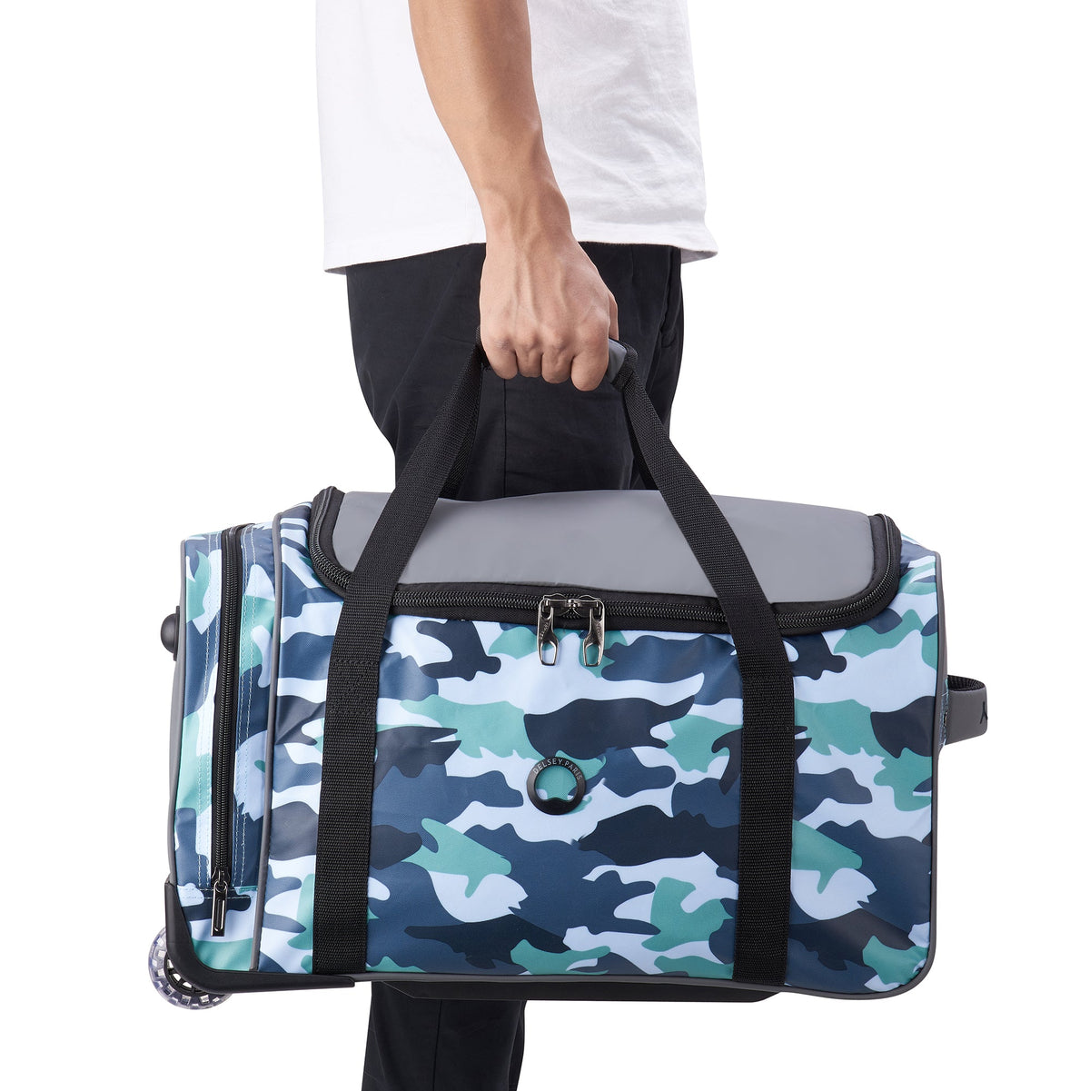 Delsey Raspail Wheeled Carry-On Duffel in Camo — lifestyle