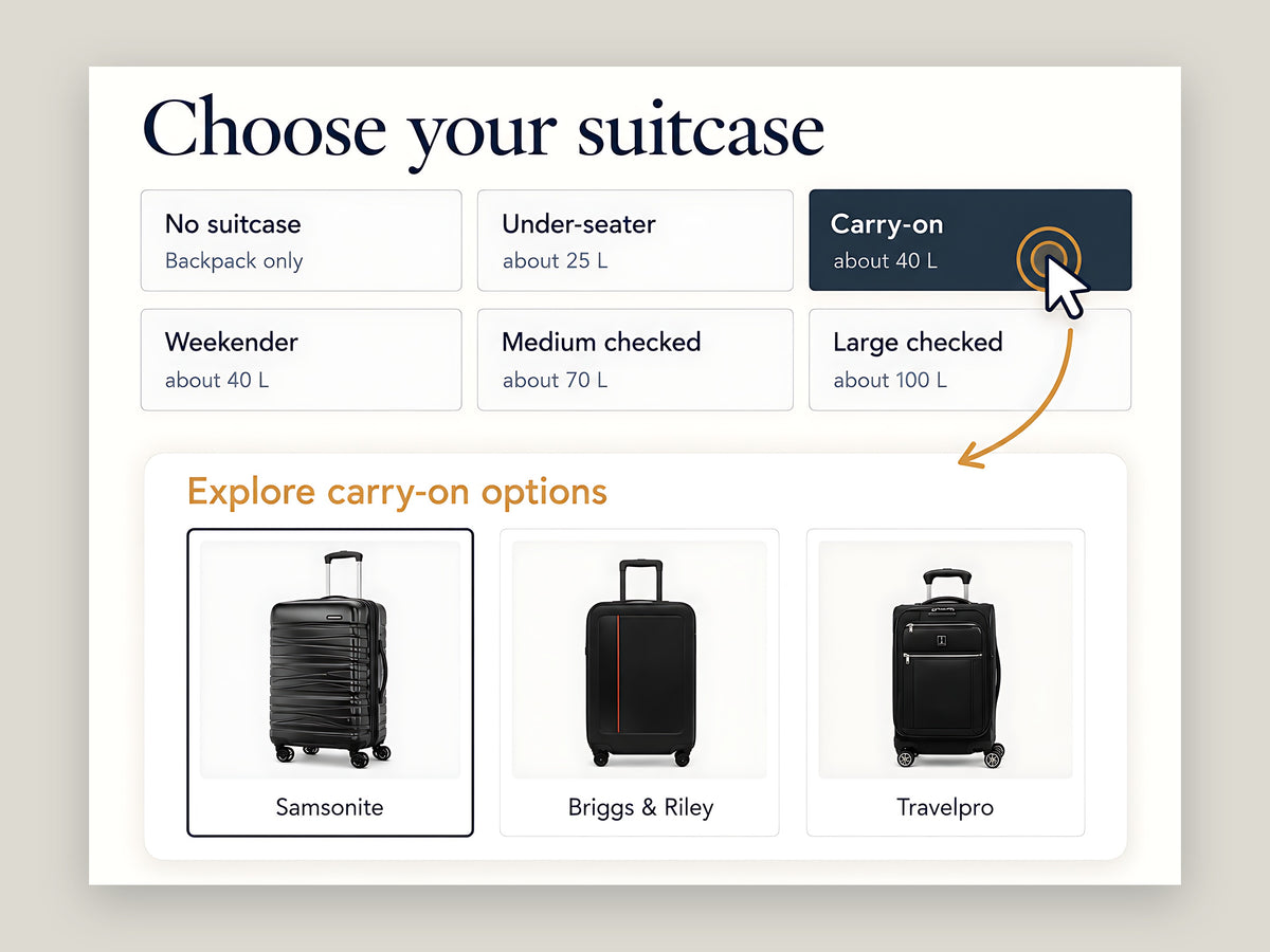 Carry-on selected among suitcase sizes, with matching product options below.