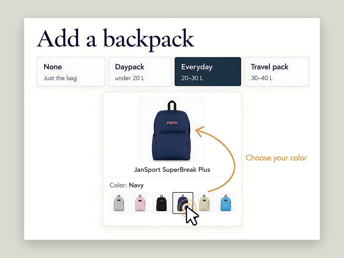 Everyday backpack size selected and a pointer choosing the Navy color.