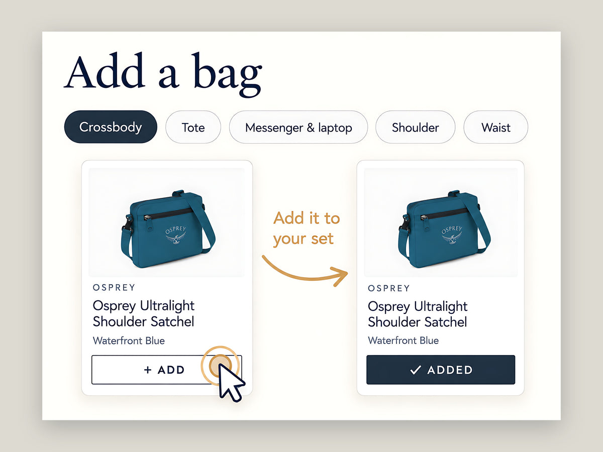 Adding an Osprey shoulder satchel, shown before and after selecting Add.