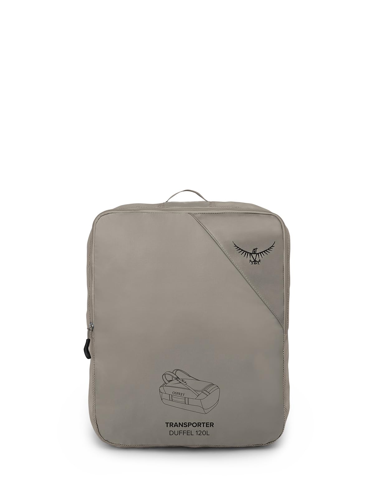 Osprey Transporter 120L Expedition Duffel Bag in Tan Concrete — packed flat in stuff pocket