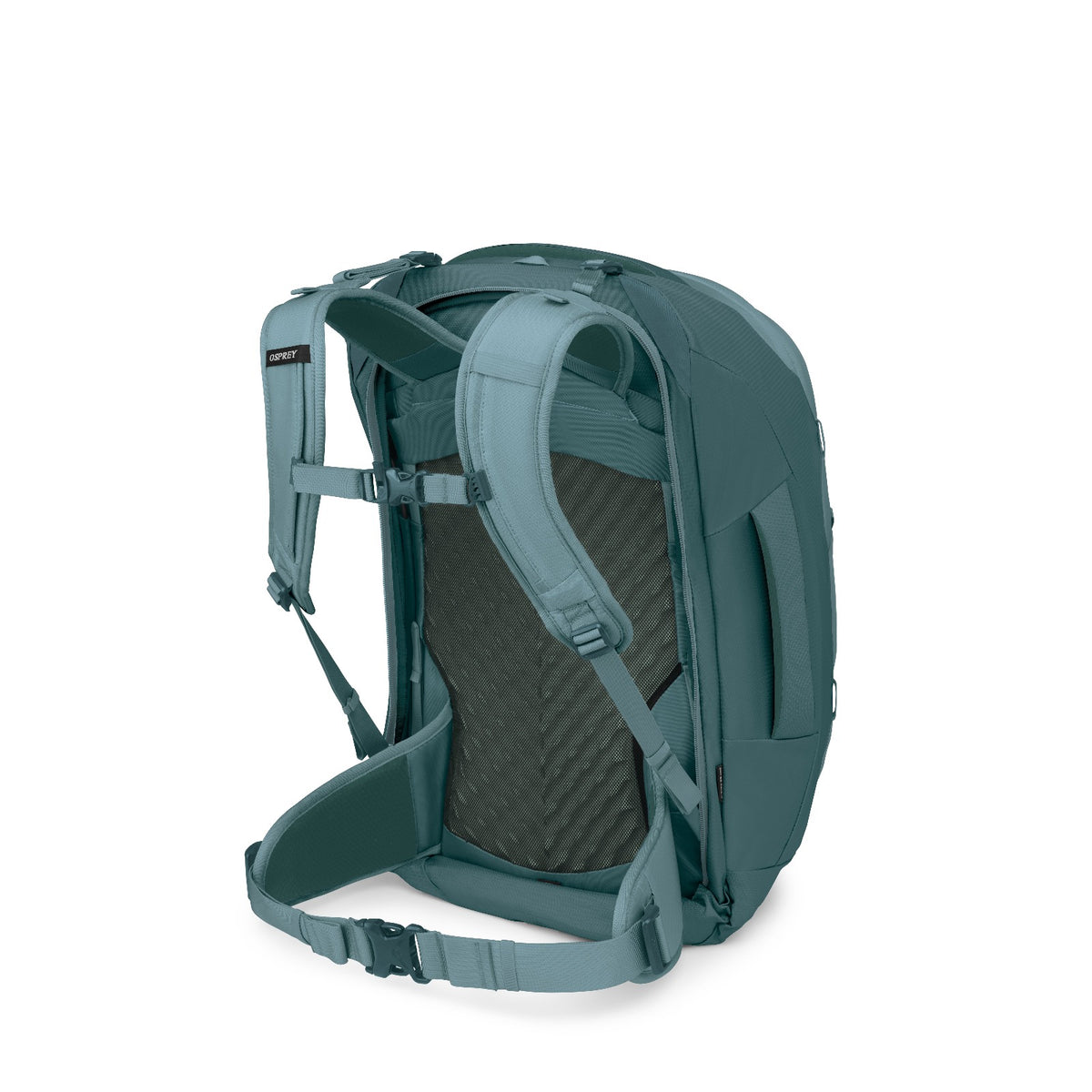 Osprey Farpoint Travel Pack-55L in Cascade Blue-Torrent Blue — back view