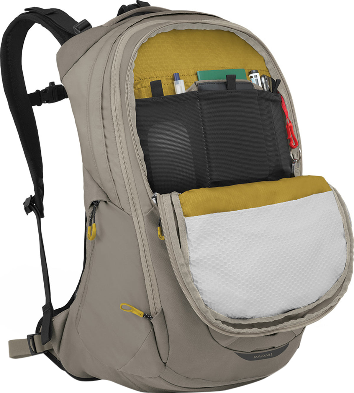 Osprey Radial Backpack 34L in Tan Concrete — interior view