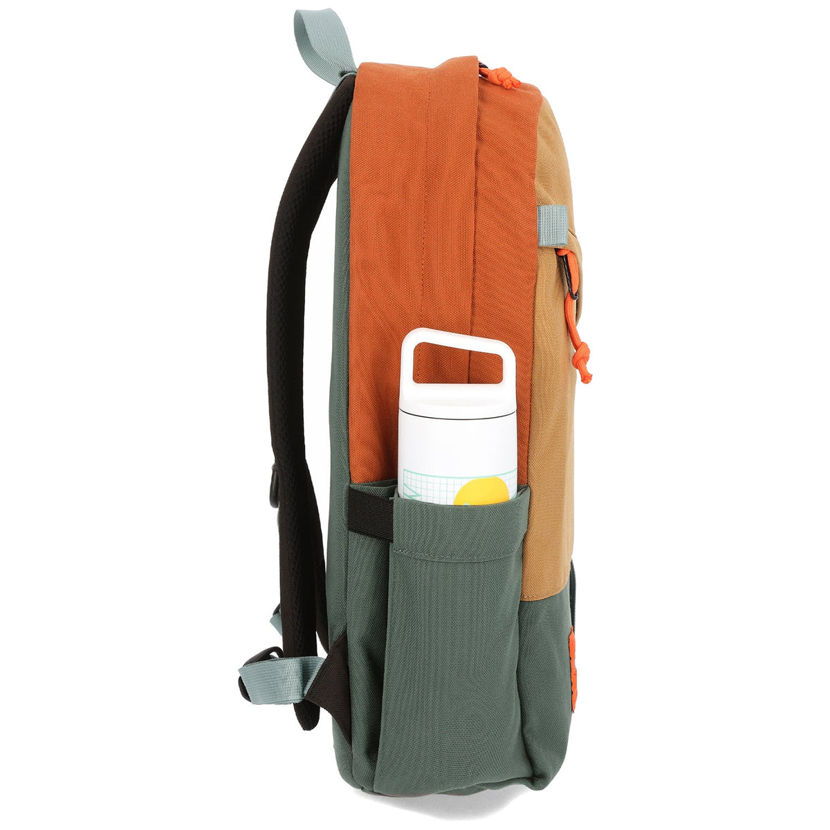 Topo Designs Daypack Classic in Khaki Forest Clay — side view