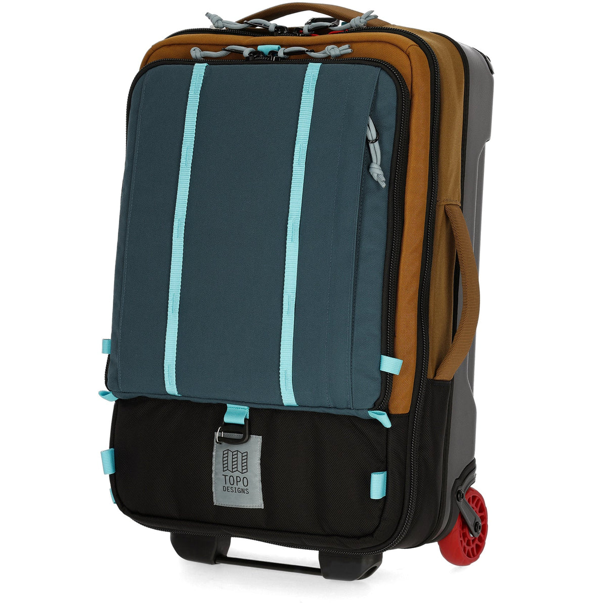 Topo Designs Global Travel Bag Roller-Carry On in Desert Palm Pond Blue — angle view