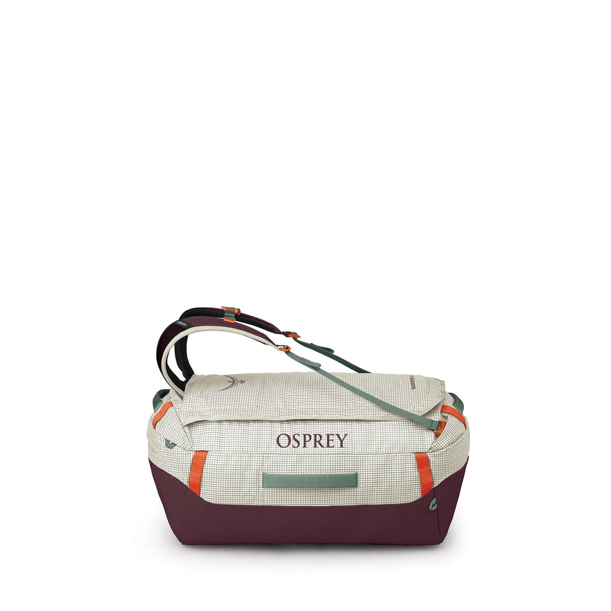 Osprey Transporter 65L Expedition Duffel in Mystery White-Moody Burgundy — angle view 2