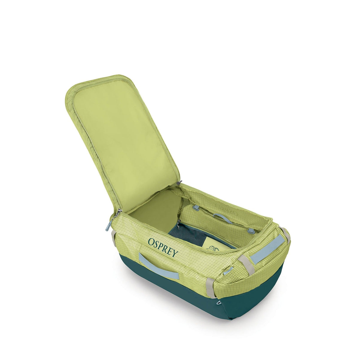 Osprey Transporter 65L Expedition Duffel in Glow Dew-Torrent Blue — angle view 3